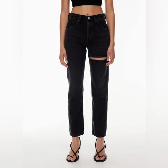 AGOLDE Lana Slice Mid-rise Straight-leg Jeans Distressed Black Gray Leg Hole - Picture 3 of 16